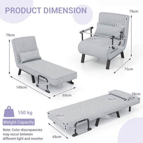 Costway Convertible Single Folding Sofa Bed Sleep Chair 6 Positions Adjustable Backrest 1