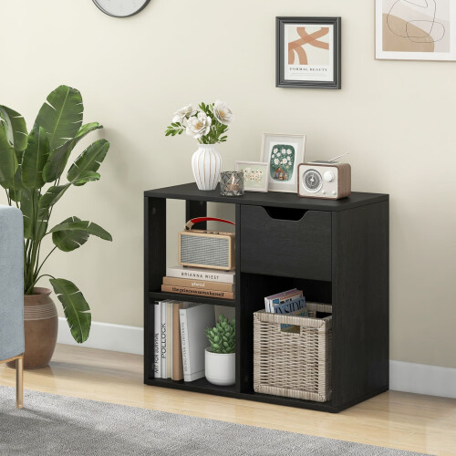 Costway 3-Cube Bookcase 2-tier Wooden Storage Shelf w/ Drawer 1