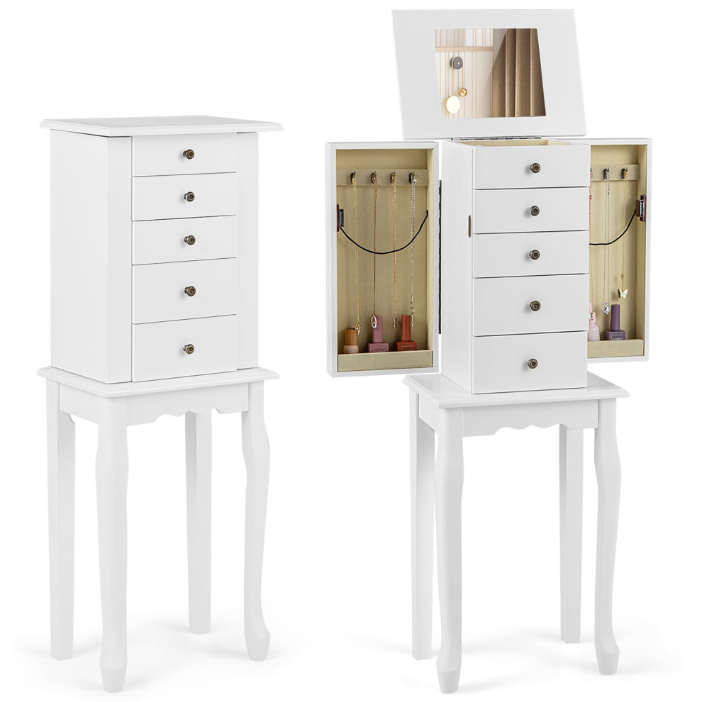 Freestanding Jewelry Armoire Jewelry Organizer w/Flip Up Mirror-White