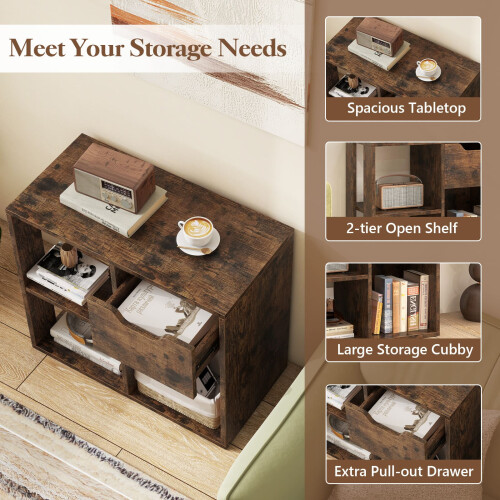 Costway 3-Cube Bookcase 2-tier Wooden Storage Shelf w/ Drawer-Coffee 1