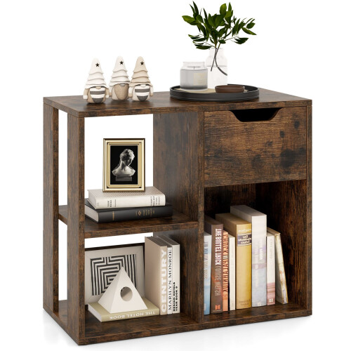 Costway 3-Cube Bookcase 2-tier Wooden Storage Shelf w/ Drawer-Coffee