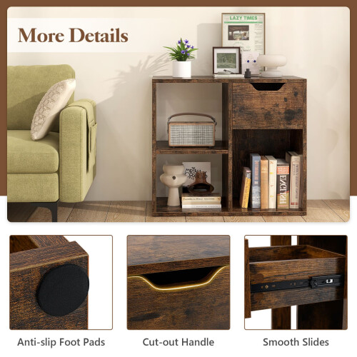 Costway 3-Cube Bookcase 2-tier Wooden Storage Shelf w/ Drawer-Coffee 2