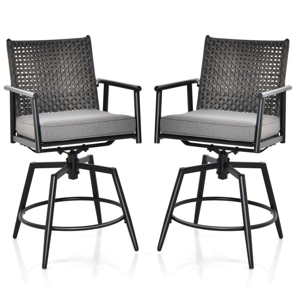 Set of 2 Bar Stools Swivel Rattan Counter Height Chairs W/Removable Seat Cushion