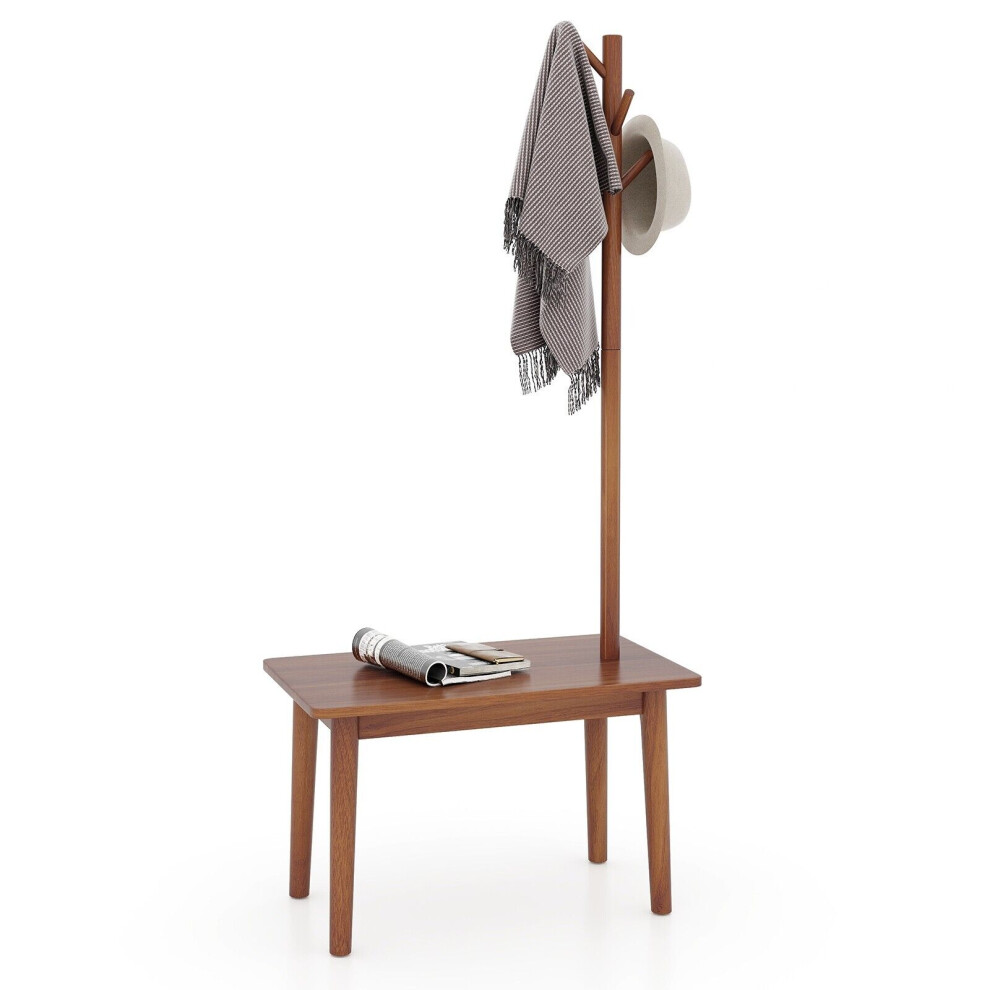 Solid Wood Coat Tree 2-in-1 Freestanding Hanger Stand End Table With Coat Rack