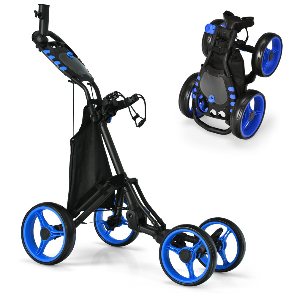 Golf Push Pull Cart Lightweight Folding 4 Wheels Golf Push Cart-Blue