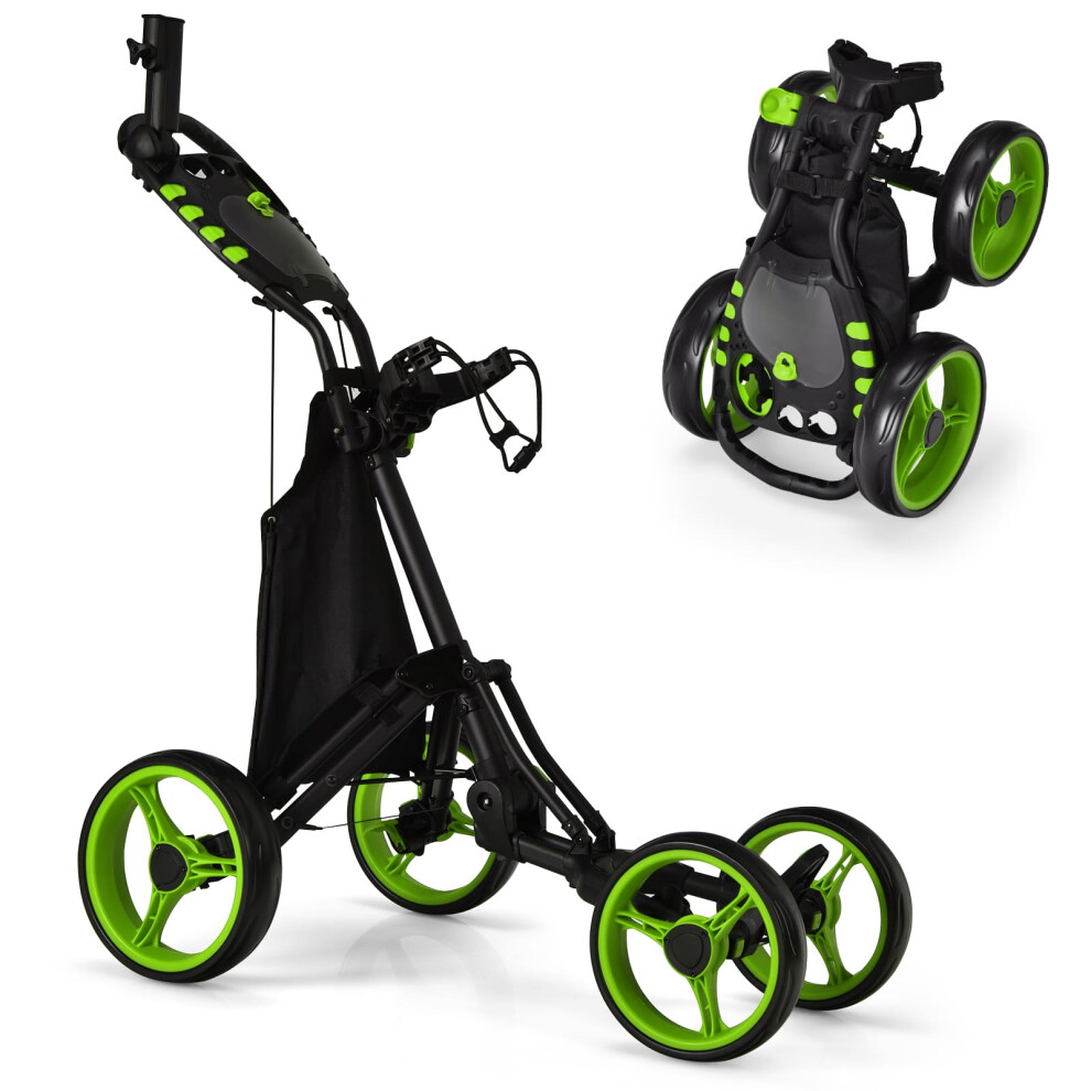 Golf Push Pull Cart Lightweight Folding 4 Wheels Golf Push Cart-Green