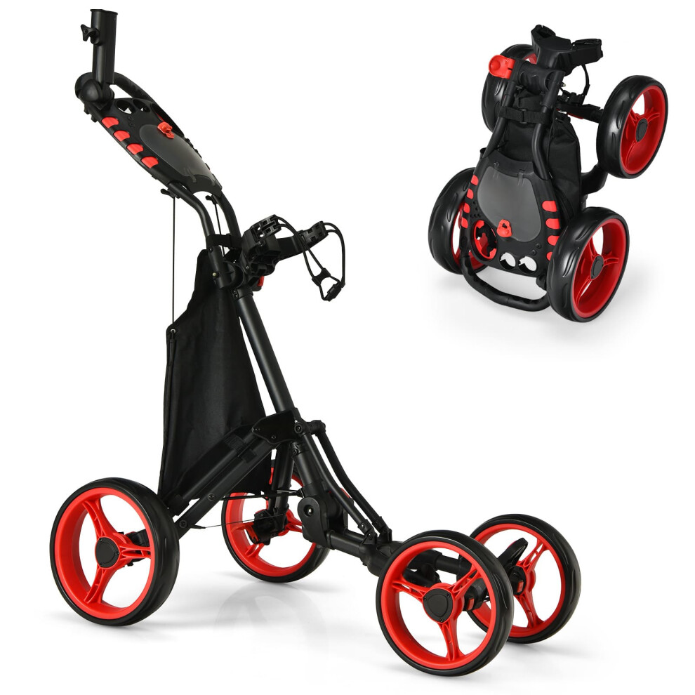 Golf Push Pull Cart Lightweight Folding 4 Wheels Golf Push Cart-Red
