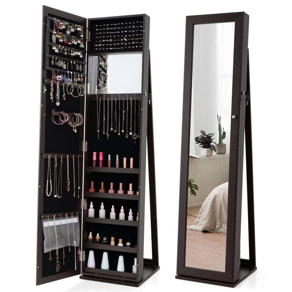 Lockable Standing Jewelry Armoire with Full-Length Mirror-Coffee