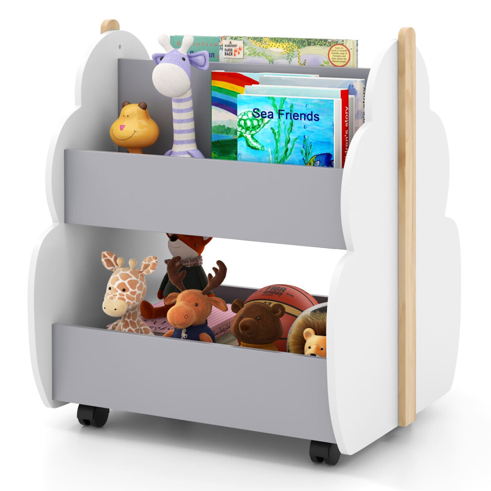 Casart Kids Wooden Bookshelf 2-Tier Toy Storage Shelf Double-Sided Bookcase-Grey