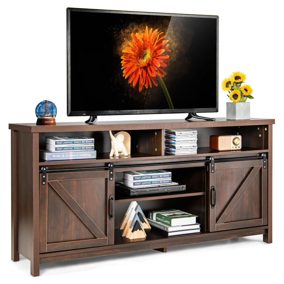 150cm Sliding Barn Door TV Stand Farmhouse Flat Screen Console-Brown