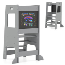2-in-1 Kids Kitchen Step Stool & Standing Tower, Grey - Adjustable 2-Level Platform, Chalkboards, Solid Wood, Anti-Tip Rail, 60 kg