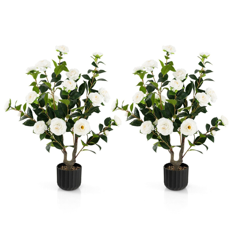 2 Pack Artificial Camellia Tree Faux Flower Plant Fake Tree 24 White Flowers