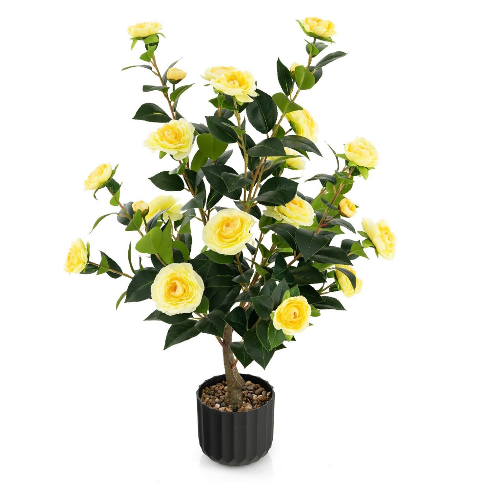 Artificial Camellia Tree Faux Flower Plant Pot Artificial Tree 24 Yellow Flowers