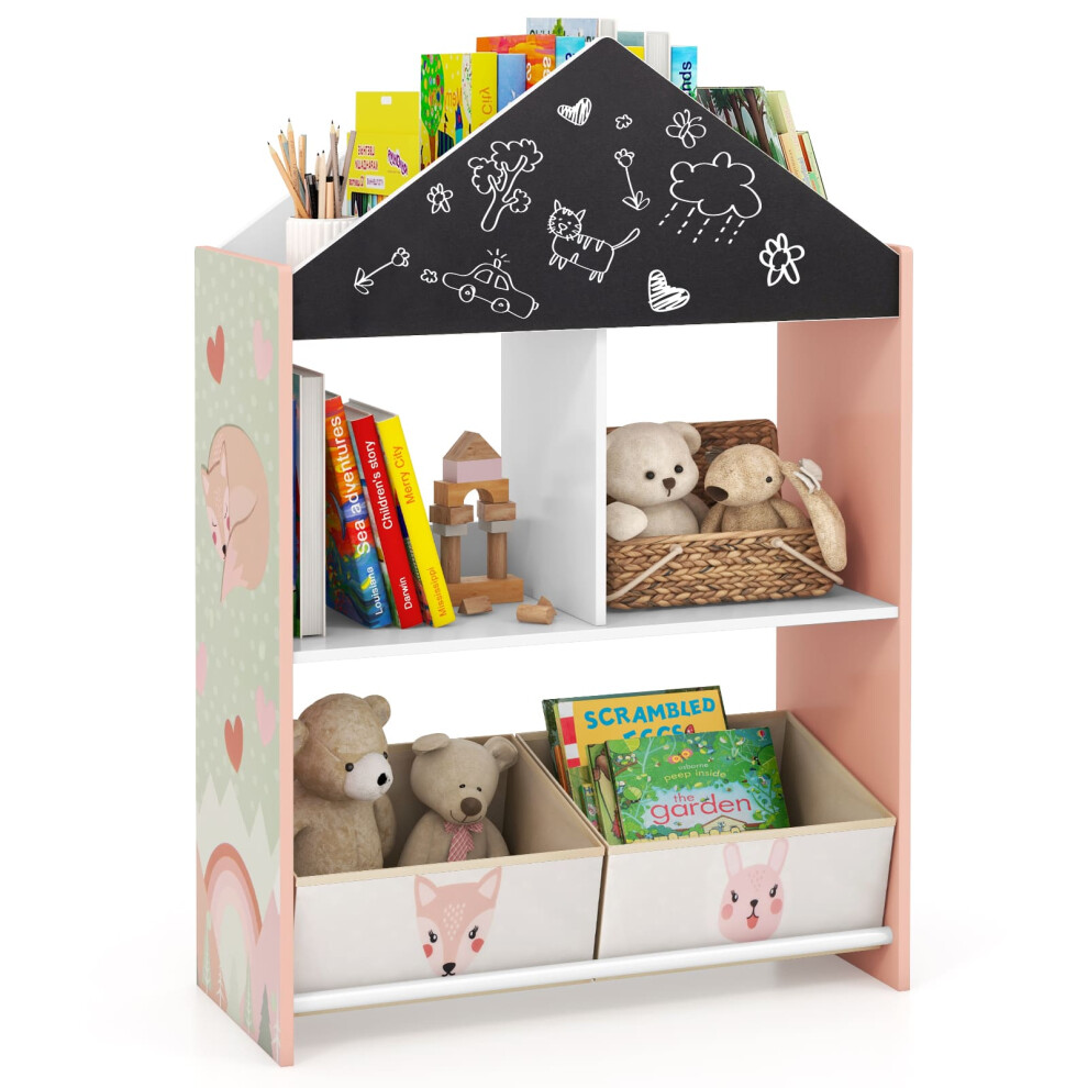 Kids Dollhouse Bookshelf Wooden Toy Storage Organizer-Pink