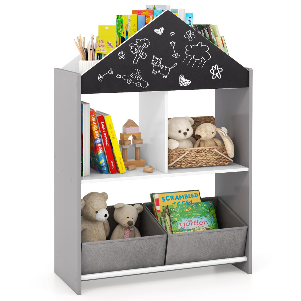 Kids Dollhouse Bookshelf Wooden Toy Storage Organizer-Gray