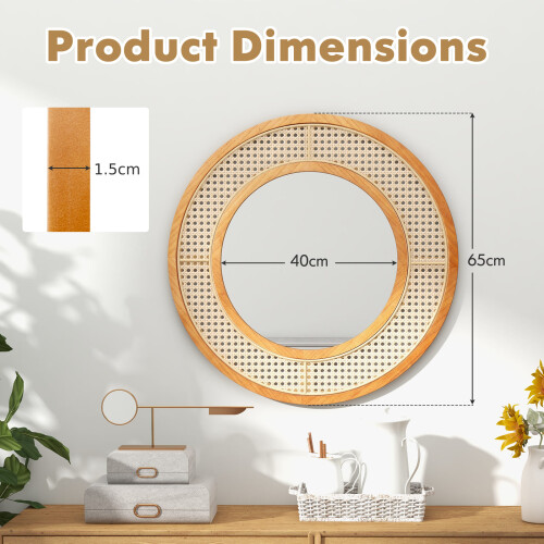 Casart Rattan Round Wall Mirror 65 cm Wooden Framed Mirror 1