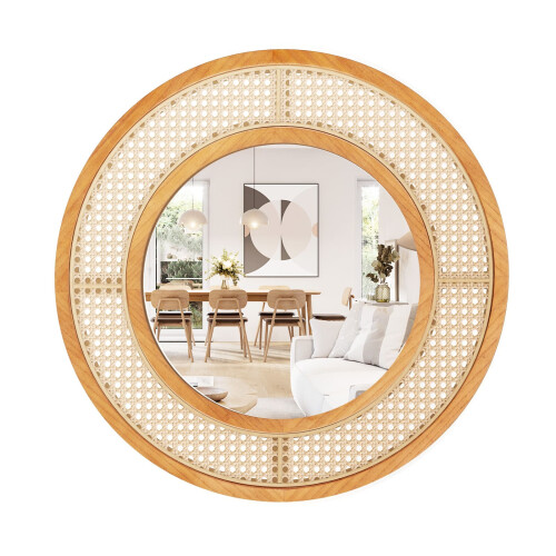 Casart Rattan Round Wall Mirror 65 cm Wooden Framed Mirror