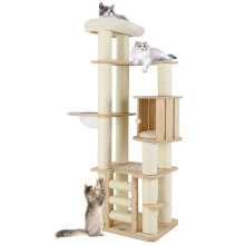 180 cm Tall Cat Tree Wooden Cat Tower w/ Cozy Perch & Condo-Natural