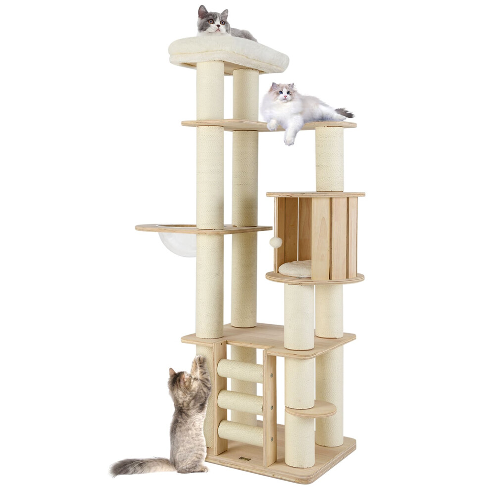 180 Cm Tall Cat Tree Wooden Cat Tower w/ Cozy Perch & Condo-Natural