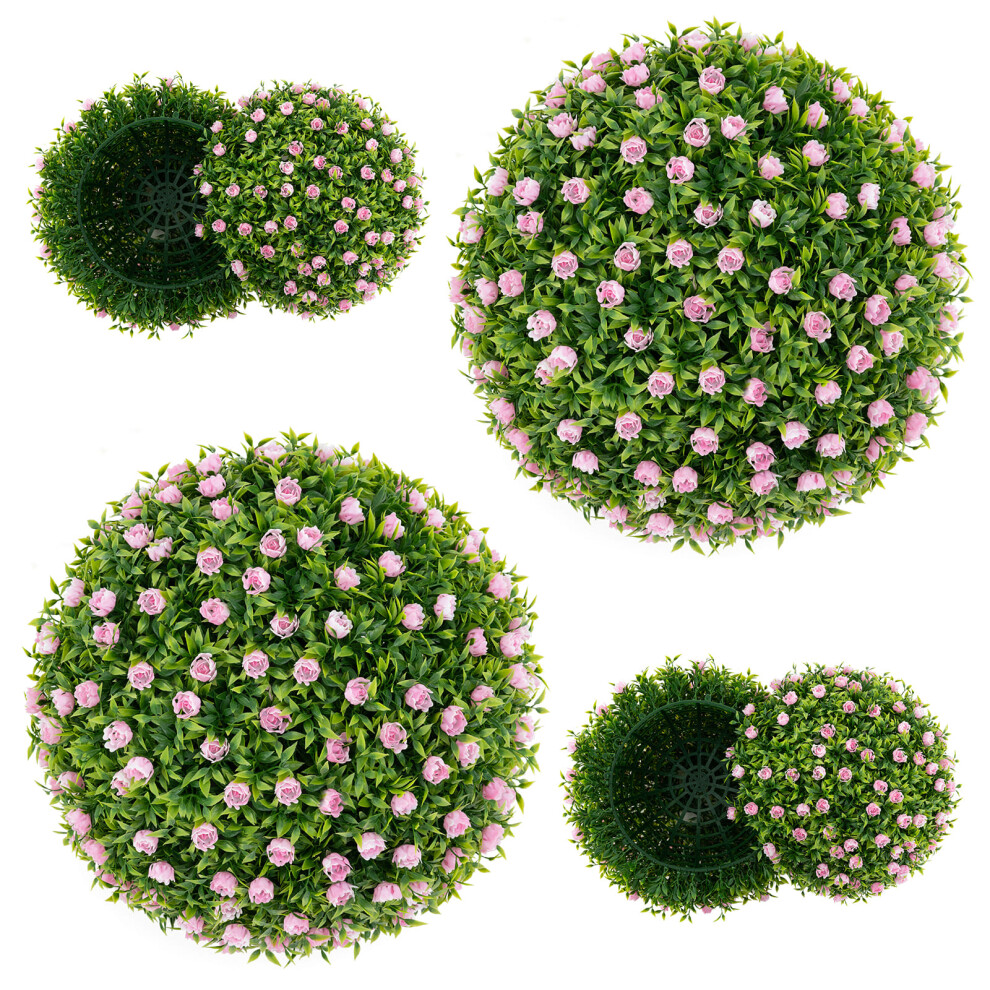 2PCS Artificial Plant Topiary Balls 37cm Faux Decorative Balls w/Pink Flowers