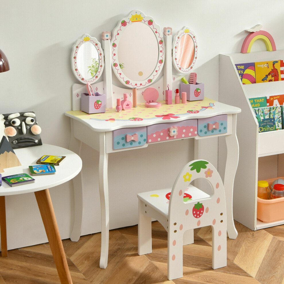Kids Vanity Makeup Dressing Table & Chair Set W/Tri-fold Mirror &Drawers