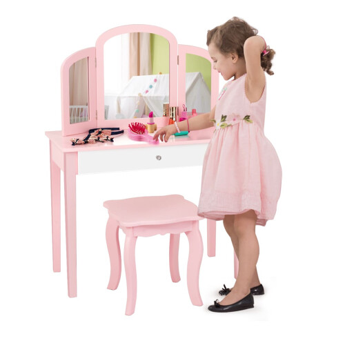 Casart Kids Vanity Table & Stool Set Princess Makeup Dressing Table-Pink