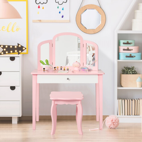 Casart Kids Vanity Table & Stool Set Princess Makeup Dressing Table-Pink 2