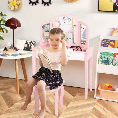 Casart Kids Vanity Table & Stool Set Princess Makeup Dressing Table-Pink 1