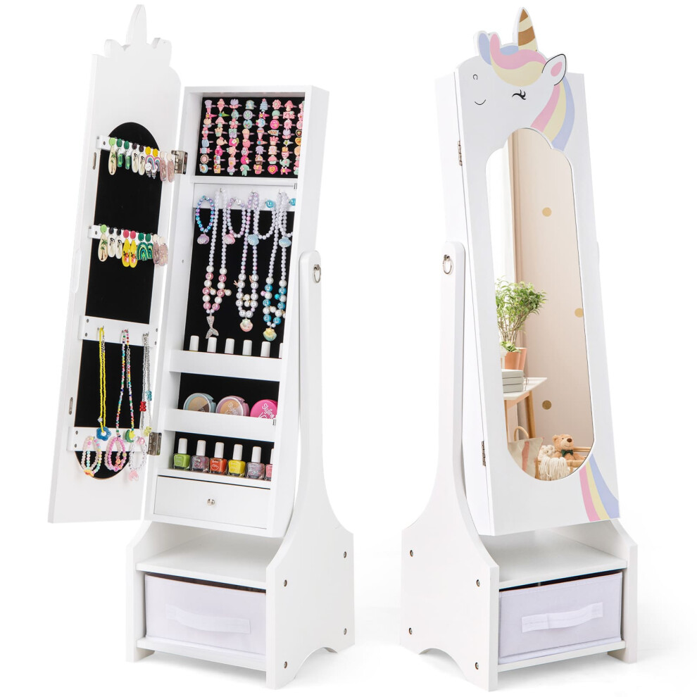 Kids Jewelry Armoire Cabinet Wooden Jewelry Organizer Floor Mirror-White