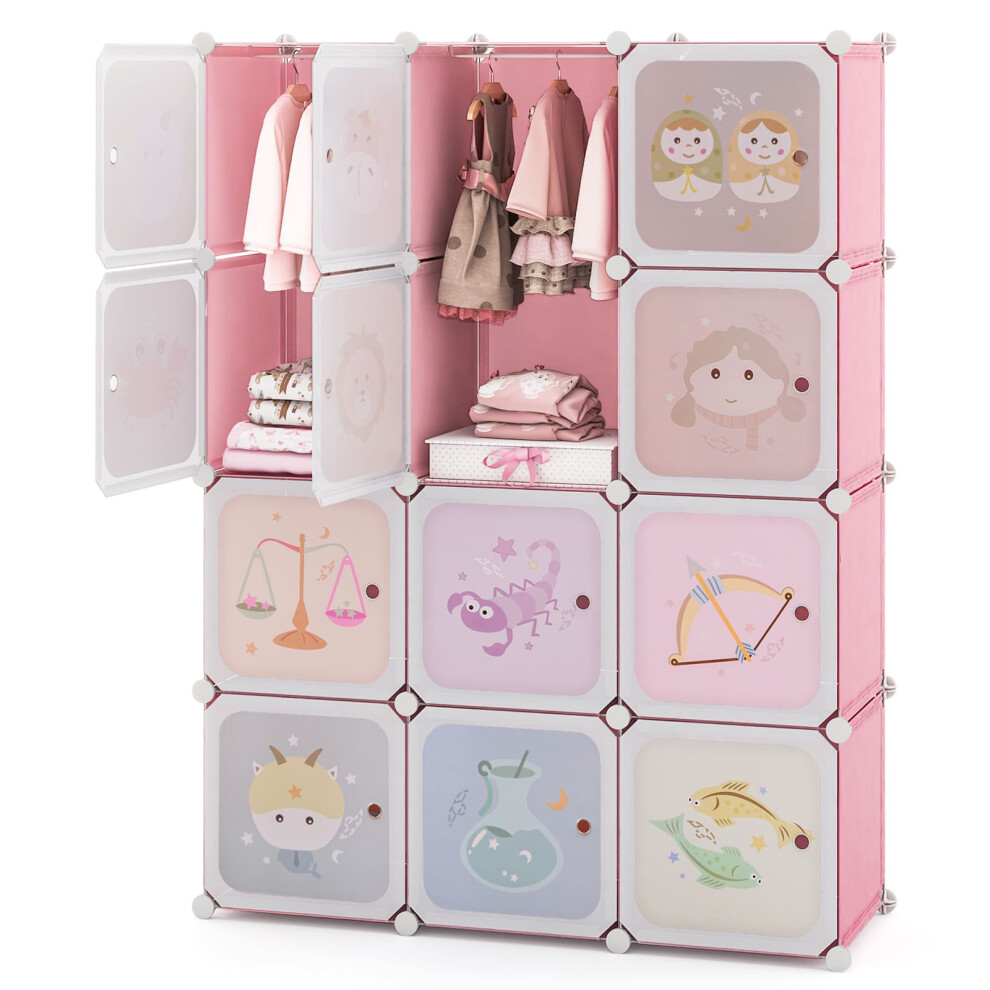 Portable Kids Wardrobe Bedroom 12-Cube Baby Closet-Pink