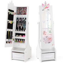 Kids Jewelry Cabinet Standing Children Jewelry Organizer w/Drawer-White