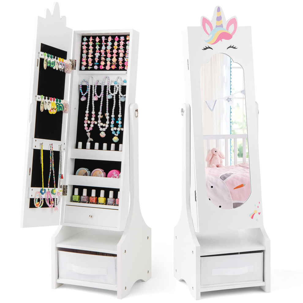 Casart Kids Jewelry Cabinet Standing Children Jewelry Organizer W/Drawer-White