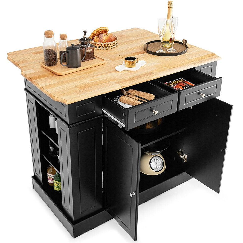 Kitchen Island Storage Cupboard W/Drop Leaf Countertop Side Racks 2-Door Cabinet