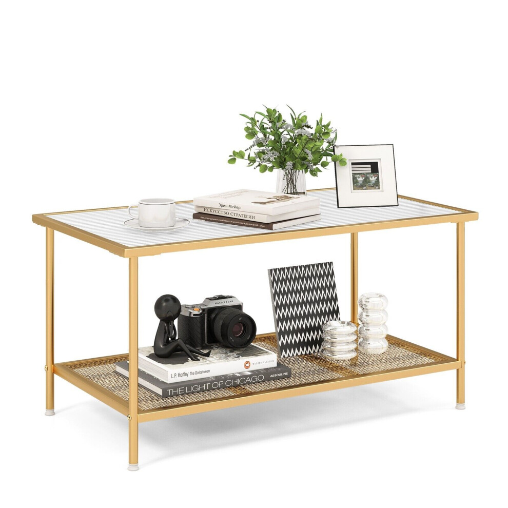 2-Tier Coffee Table Rectangle Cocktail Accent Table with Tempered Glass Top