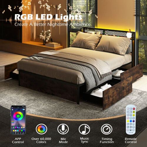 Casart Double Bed Platform Bed with LED Lights & USB Power Outlets 2