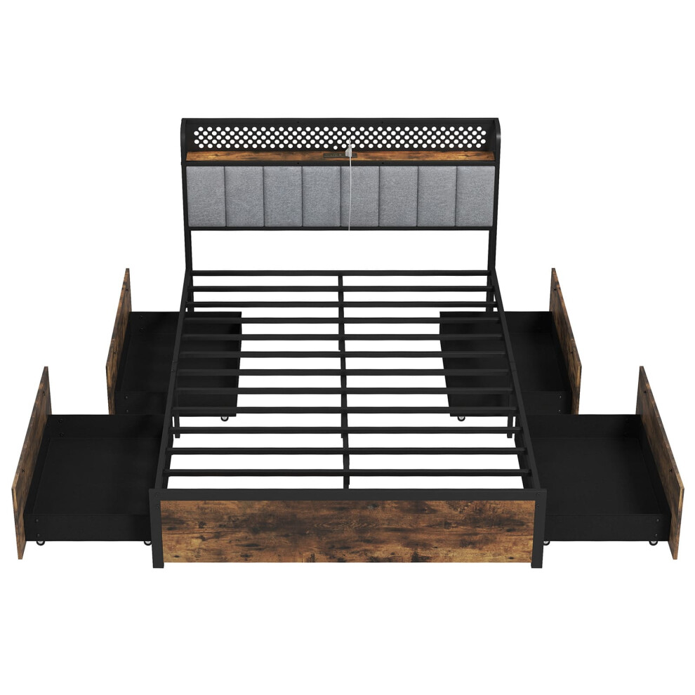 Double Bed Platform Bed with LED Lights & USB Power Outlets