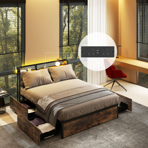 Casart Double Bed Platform Bed with LED Lights & USB Power Outlets 1
