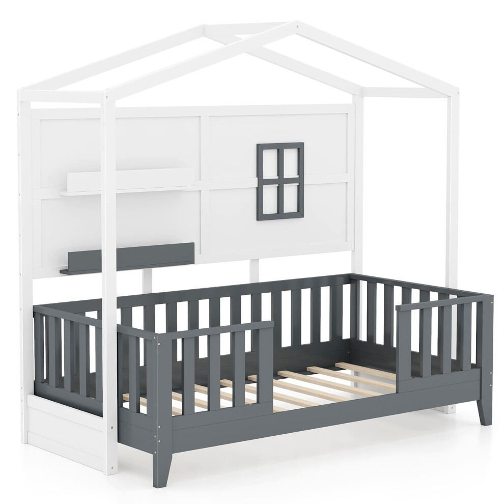 Casart Kids Single Wood House Bed Montessori Floor Bed W/2 Shelves&Guardrails