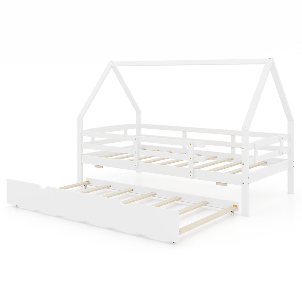 Kids House Bed Wooden Platform Bed With Full Length Safety Guardrails