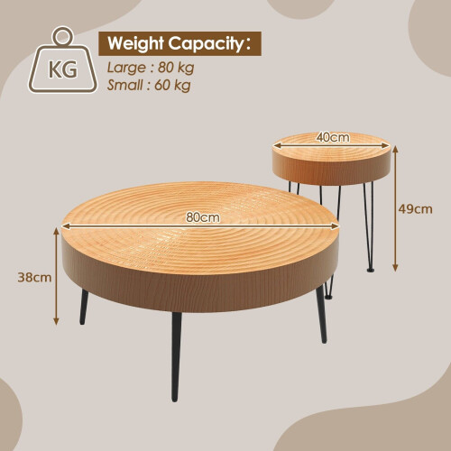 Casart Set of 2 Round Nesting Coffee Table Solid Wood Accent Stacking Boho Side Tables 1