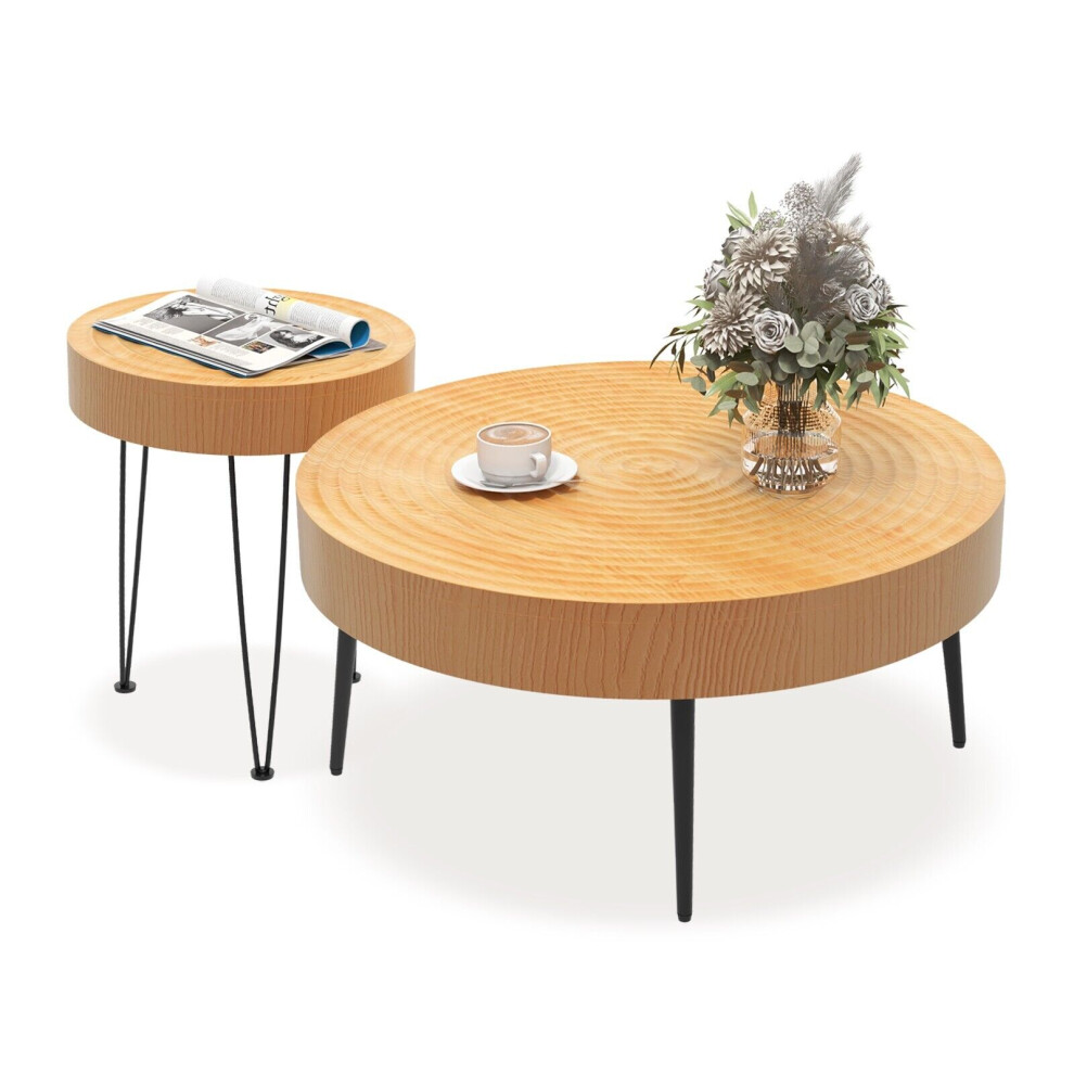 Set Of 2 Round Nesting Coffee Table Solid Wood Accent Stacking Boho Side Tables