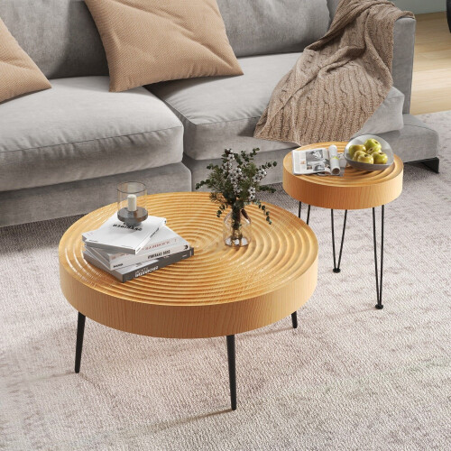 Casart Set of 2 Round Nesting Coffee Table Solid Wood Accent Stacking Boho Side Tables 2