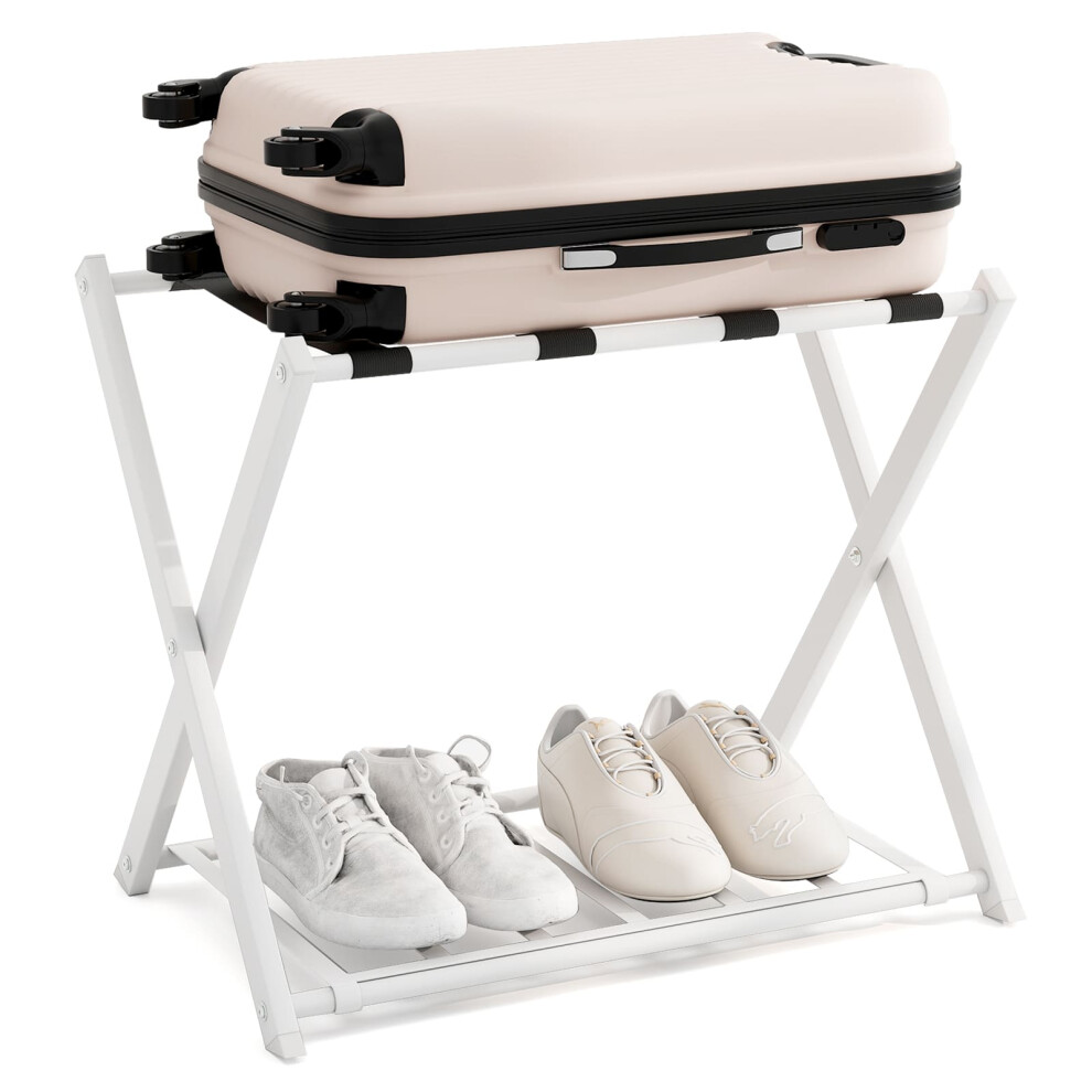 Luggage Rack Folding Suitcase Stand with Storage Shelf-White