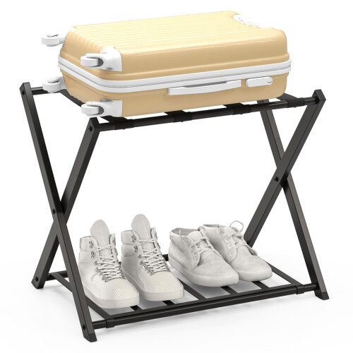 Casart Luggage Rack Folding Suitcase Stand with Storage Shelf-Black