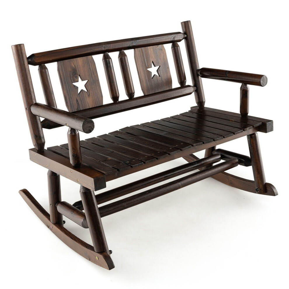 Patio Rocking Bench Carbonized Wood Double Rocker Lovesear w/ Ergonomic Seat