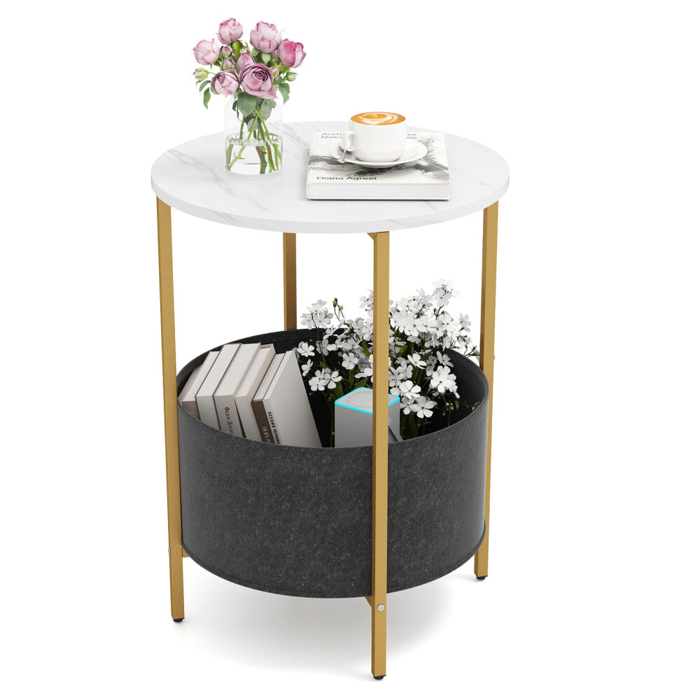 Round End Table Small Space 2-Tier Side Table w/ Fabric Basket-White