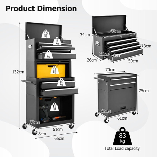 Casart Rolling Tool Chest Combo Lockable Tool Cabinet Wheels Drawers Adjustable-Black 1