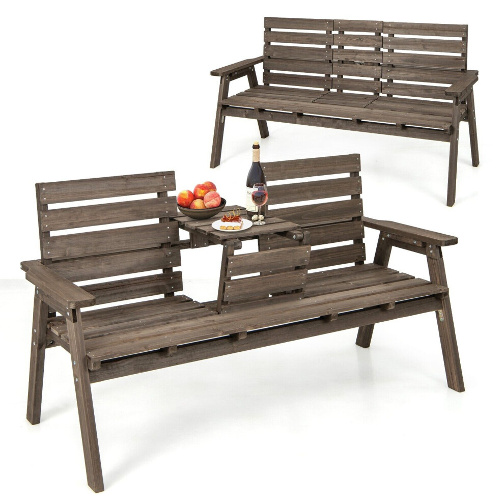 Outdoor Fir Wood Bench 2-3 Person Garden Bench w/Foldable Middle Table