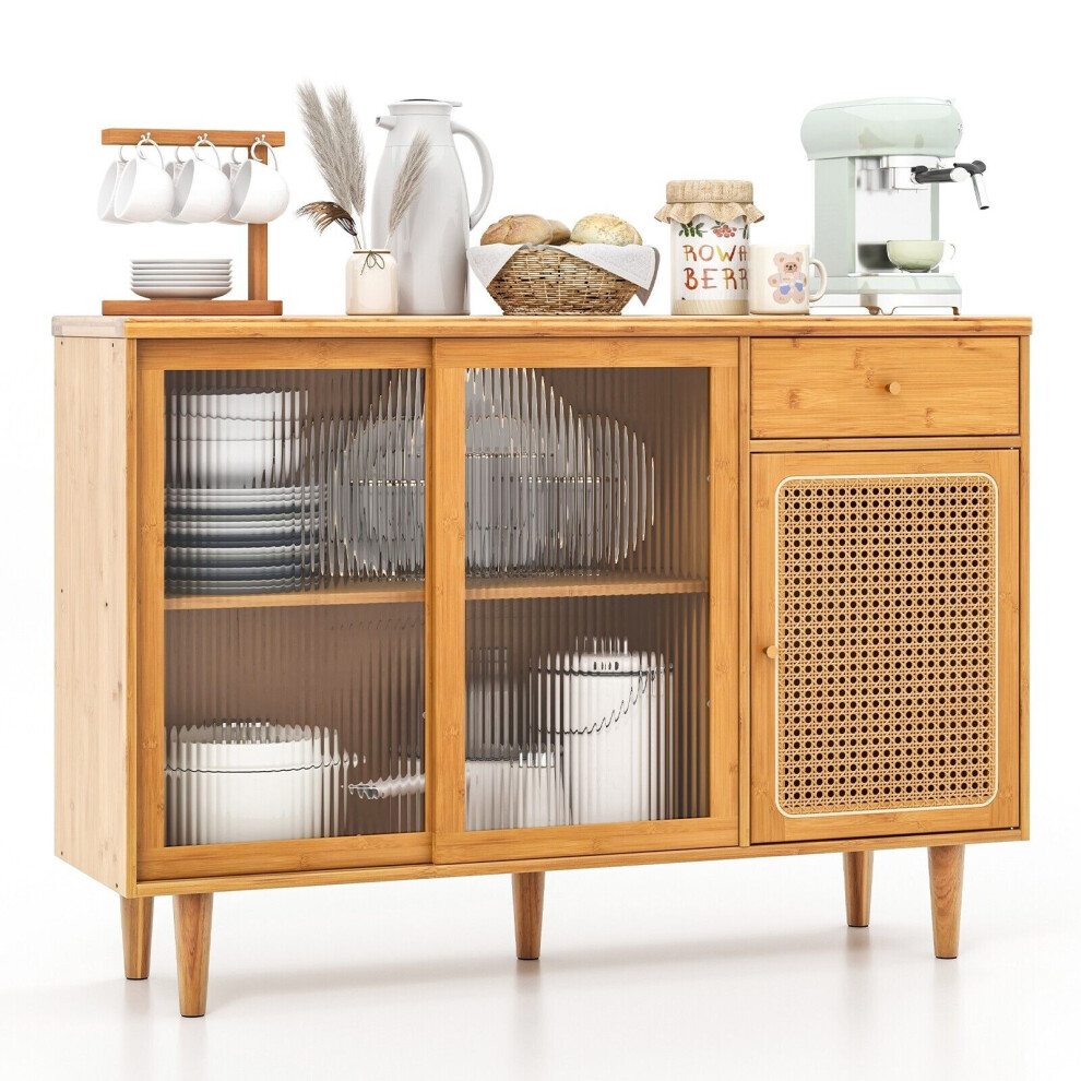 Kitchen Buffet Sideboard Storage Cabinet Cupboard w/ Tempered Glass Sliding Door