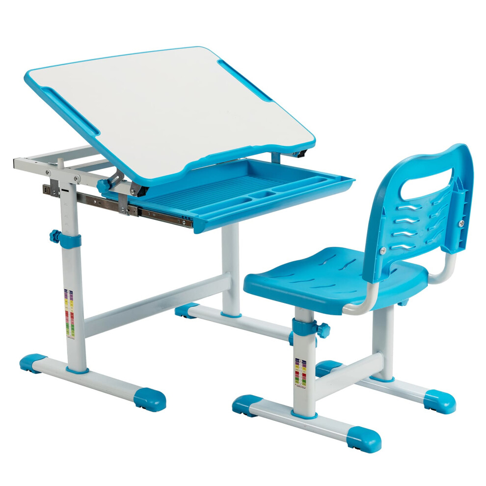 Casart Height Adjustable Kids Study Table And Chair Set With Tilting Tabletop- Blue